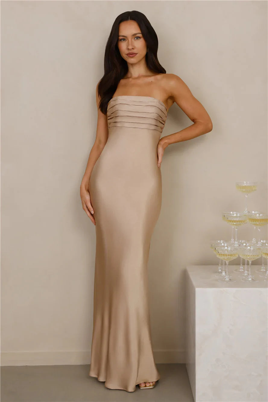 The Seraphina Strapless Satin Maxi Dress Champagne